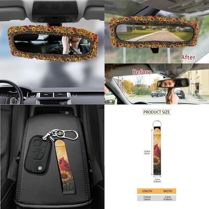 Cardinal Sunflower Pattern Car Accessories Set of 15, Full Set Seat Covers for Cars Steering Wheel Cover Seat Belt Cushion Car Trash Can Air Vent Storage Bag Cup Coasters Universal Fit
