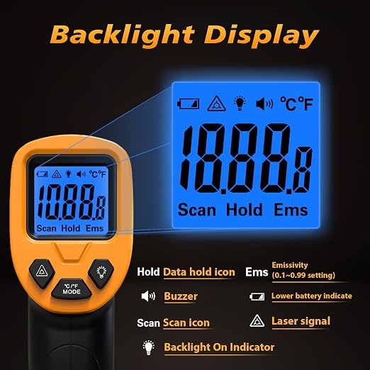 FKM Infrared Thermometer Gun Non-Contact Laser Temperature Gun,-58°F~1112°F,Adjustable Emissivity,Digital IR Thermometer Gun for Industrial,HVAC,Automotive,Cooking,Griddle,Pizza Oven,BBQ,Not for Human