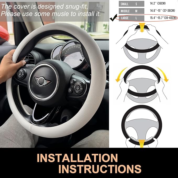 PINCTROT Large Size Nappa Leather Steering Wheel Cover, Slim Fit No Bulk Design, One Piece Leather with Breathable Perforation, Fit Like Gloves, 15.5-15.75 Inch(Nappa White)