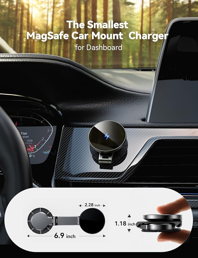 JOYROOM All-Metal MagSafe Car Mount Charger, 15W Mini Magsafe Car Charger for Dashboard, Wireless Car Charger for iPhone 17 Pro Max Plus/iPhone 16 15 14 13 12 Pro Max Plus, Black