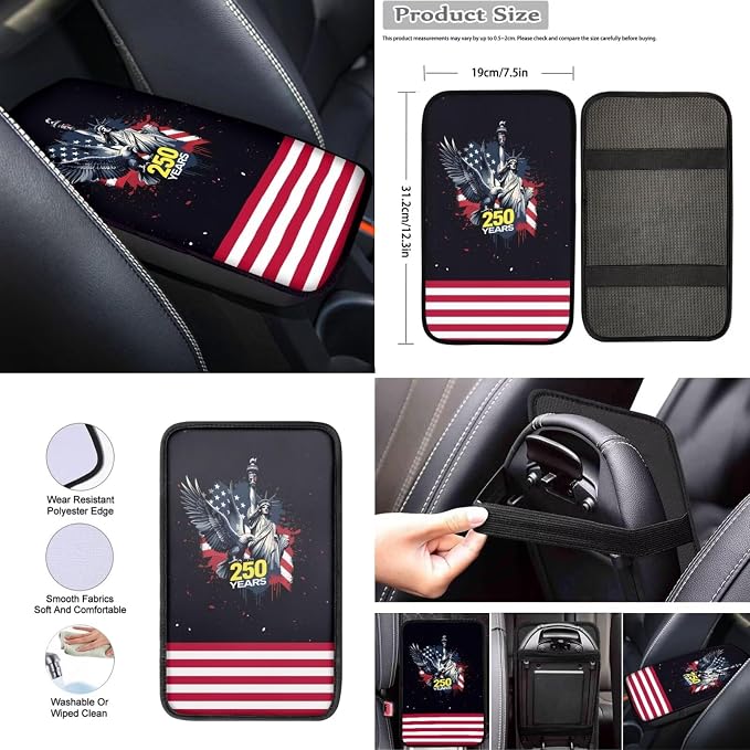 Wanyint Car Seat Cover Full Set 12 PCS, with Steering Wheel Seat Belt Cover Armrest Pad Coasters Handbrake Gear Shift Knob Set 4th of July US 250th Anniversary Auto Decor, Statue of Liberty Eagle