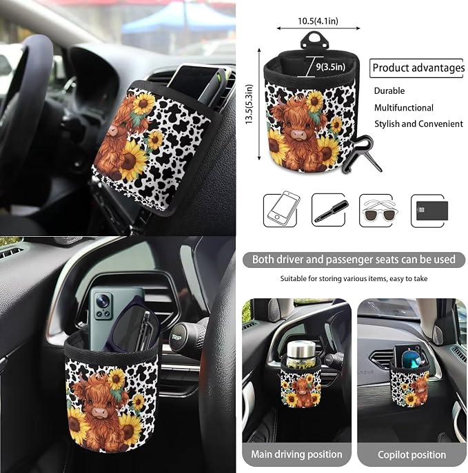 Highland Cattle Cow Sunflower Print 15pcs Car Accessories, Full Set Seat Covers, Streering Wheel Cover, Trash Bin, Seat Belt Pad, Keychain, Air Vent Bag, Coasters, for Most Van SUV Sedan