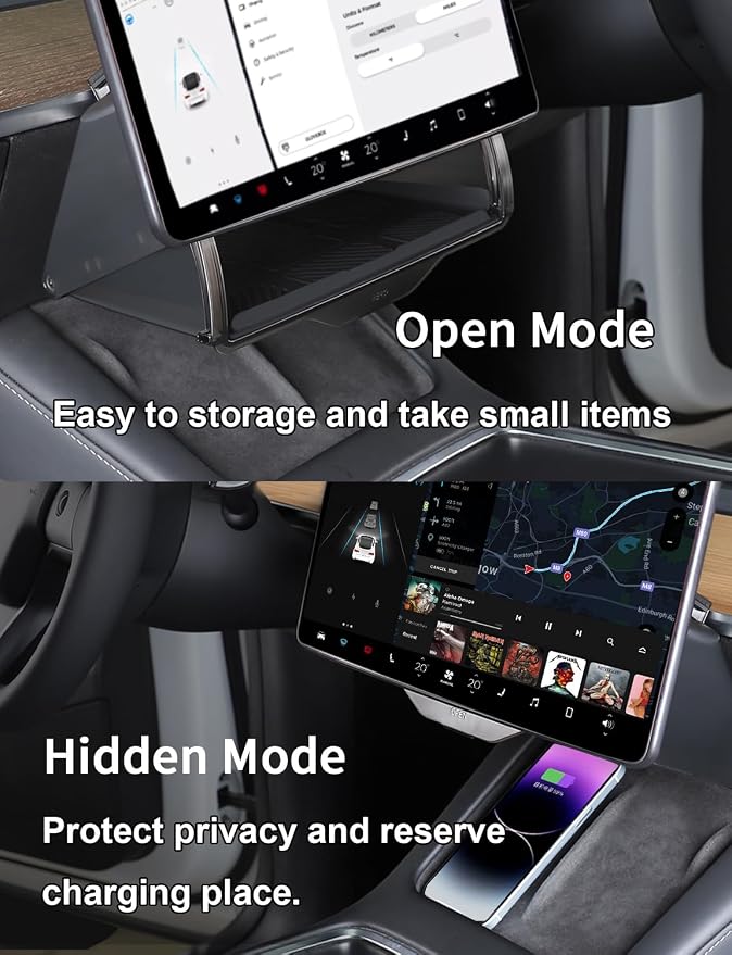for Tesla Model Y 3 (Juniper & Highland Included) Under Screen Storage Shelf Organizer Tray Box Open-Close Hidden Center Console Organizer for Model Y 2020-2026 & Model 3 2017-2025 Accessories