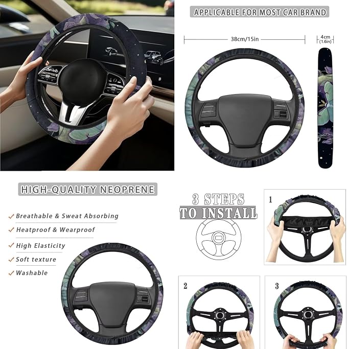 15 Pcs Moon Moth Auto Interior Accessories Car Seat Covers with Auto Steering Wheel Cover Seat Belt Covers Car Trash Can View Mirror Cover Coaster Keychains