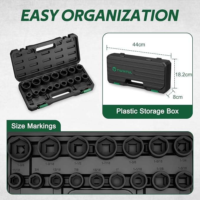 3/4 Inch Drive Impact Socket Set, 16 Pieces SAE 11/16" to 1-5/8" | CR-MO Steel, 6 Point, Heavy Duty Impact Socket Set for Large Vehicle and Equipment Maintenance