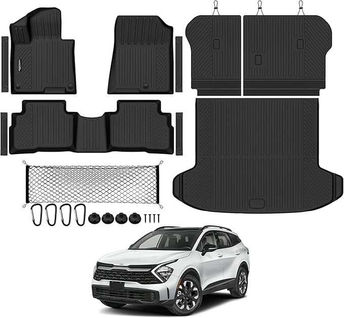 Tongama-Floor Mats for 2023-2025 Kia Sportage Hybrid, All Weather TPE Trunk Mat and Backrest Mats Protector and Cargo Net and Door Sill Guards for Kia Sportage Floor Liner Accessories