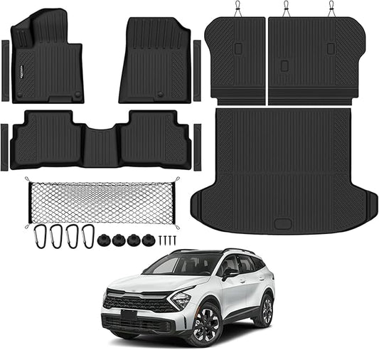 Tongama-Floor Mats for 2023-2025 Kia Sportage Hybrid, All Weather TPE Trunk Mat and Backrest Mats Protector and Cargo Net and Door Sill Guards for Kia Sportage Floor Liner Accessories