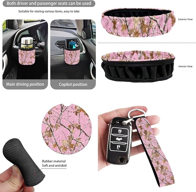 Dreaweet Pink Car Seat Covers Full Set Branch Camo Steering Wheel Cover Seat Belt Pads Trash Bag Air Vent Storage Pouch Rear rview Mirror Cover Coaster Keychain,15 Pcs,Universal Fit