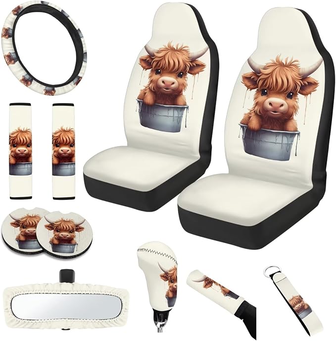 Cute Highland Cow 11 Pack Car Seat Covers Full Set Front Seat Cover Car Steering Wheel Cover Auto Seat Belt Cover Gear Lever Cover Cars Rear View Mirror Cover for Cars SUV