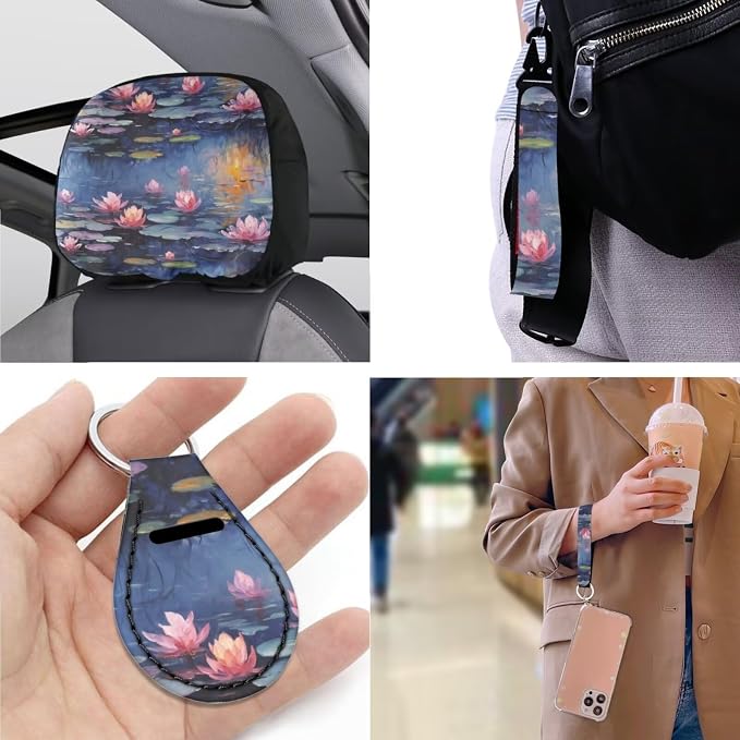 Monet Water Lily Print 13 pcs Full Set Car Accessories Oil Painting Lotus Floral Front Rear Seat Protection Universal for SUV Truck Vans Sedans