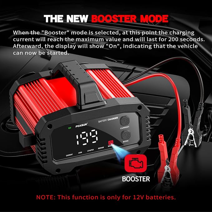 Car Battery Charger 25A, 12V/24V LiFePO4 Battery Charger Automotive, Adjustable Amp Trickle Charger with Auto Detection, Boost Mode, Battery Repair, for Car Truck Motorcycle AGM Gel SLA Deep Cycle