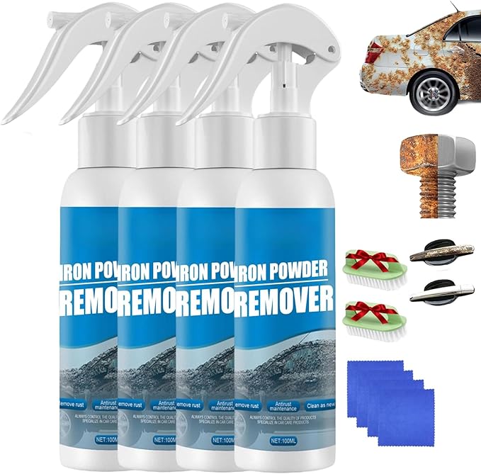 Iron Powder Remover Spray, Portable Heavy Duty Rust Remover for Metal Sprays Fast-Acting Oxidation Remover, Multi-functional Quick-Acting Rust Removal Spray for Metal, Bikes, Tools, Furniture (4pcs)