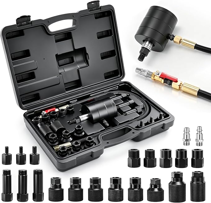 SakerPlus Universal Diesel Injector Removal Kit, Pneumatic Injector Puller Tool Set with Adapter Assortment, Air-Powered Vibration Injector Extractor for Diesel Engine Service, Blow Molded Case