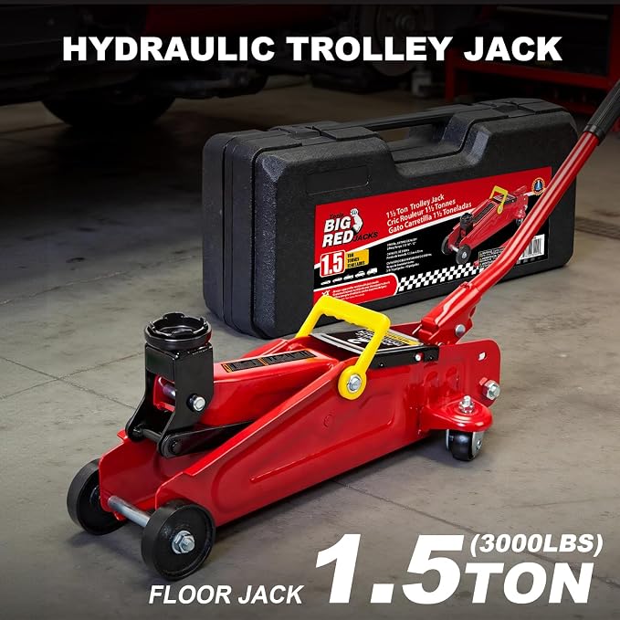 Big RED Torin Hydraulic Trolley Service/Floor Jack with Blow Mold Carrying Storage Case, 1.5 Ton (3,000 lb) Capacity, Red,TAM820014S-1