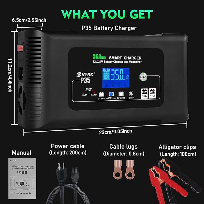 Battery Charger, Smart 0-35A 12V/24V Trickle Charger, Portable Car Battery Charger with 9 Stages of Charging for LiFePO4, Lead-Acid, and Lithium Batteries, with Battery Repair Function