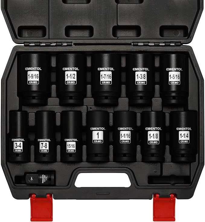 EMENTOL 3/4" Drive Deep Impact Socket Set,13 Pieces Jumbo Sockets, SAE (3/4" to 1-9/16") with 1/2"F to 3/4"M Adapter, 6-Point, CR-MO Steel
