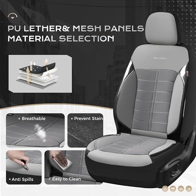 Coverado Air Mesh Seat Cover, Car Seat Cover Full Set, 3D Breathable Seat Protectors Sports Carbon Fiber Design Airbag Compatible Comfort Universal for Most Cars, Van,Trucks, SUV, Grey