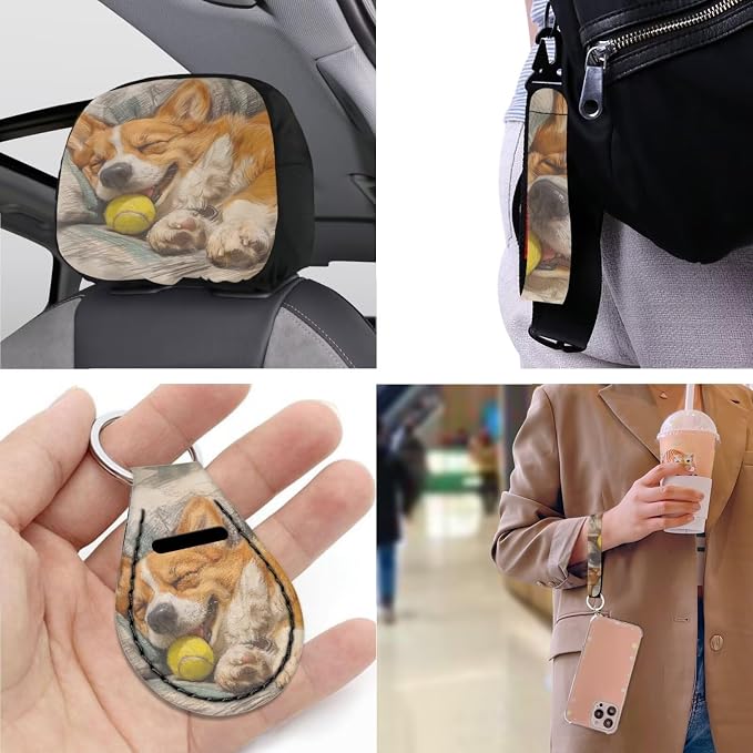 Corgi Dog Pattern 13 Pack Car Accessories for Womens Sleepy Pet Puppy Print Seatbelt Pad Armrest Cushion Keychain Cup Holder Coaster Pads Decor Accessory