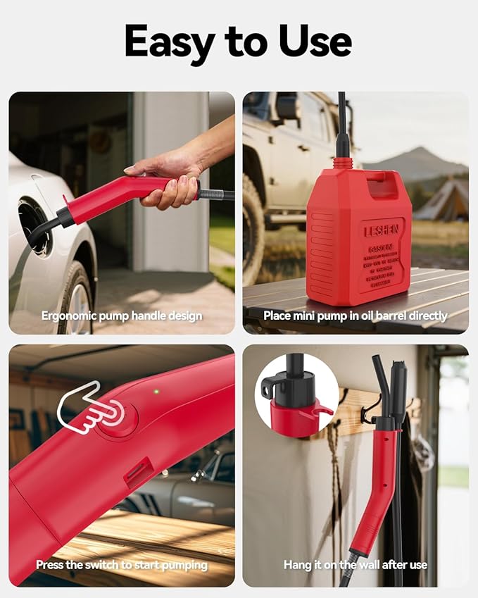 Leshein Fuel Transfer Pump 3GPM, USB Rechargeable Electric Siphon Pump for Gasoline Diesel Water, Portable Leakproof Gas Can Pump with Upgraded Hose Material & Build, Ultra-Fast Oil Transfer Pump