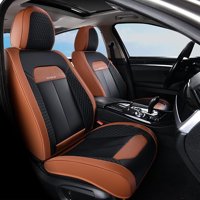 FLORICH Universal Car Seat Covers for Front Seats, Leather Seat Covers Universal Anti-Slip Driver Seat Cover, Automotive Vehicle Seat Covers fit for Trucks Vans SUVs Sedans (2 Packs, Brown&Black)