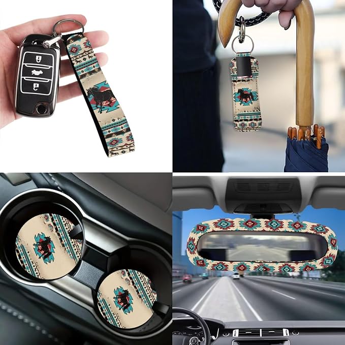 Car Seat Covers Set 12 Pieces Aztec African Tribal Horse Seat Belt Pad Cover Steering Wheel Cover Car Trash Can Rear View Mirror Cover Coasters Keychain Holder Keychains