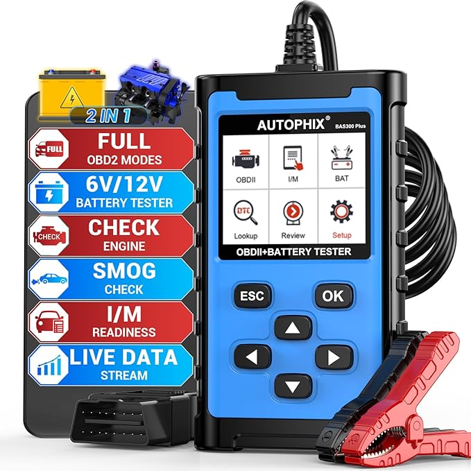 AUTOPHIX 2 IN 1 OBD2 Scanner with Battery Tester, BAS300 Plus 12V 100-2000 CCA Battery Charging Cranking Test Car Code Reader, Full OBD2 Diagnosis Check Engine Diagnostic Scan Tool Battery Load Tester