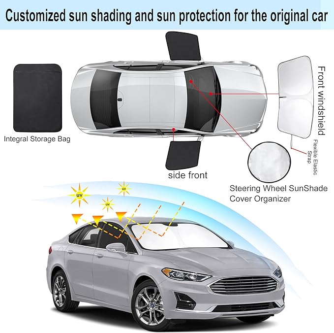 3PCS Car Window Shades Front Windshield Sun Shade Foldable Window Shade Custom Fit for Fo-rd Fusion 2013-2021 Accessories Car Shades for Front Windows Anti-UV Rays Block Heat