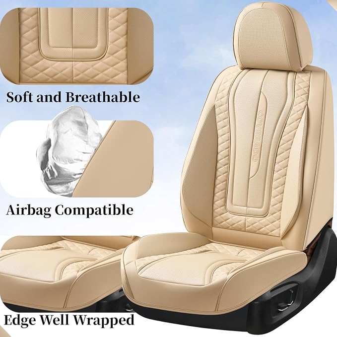 Coverado Car Seat Covers for Front Seat, Leather Seat Covers for Cars, Front Seat Covers, Waterproof Car Seat Protectors Car Seat Cushions Universal for Most Vehicles, Beige