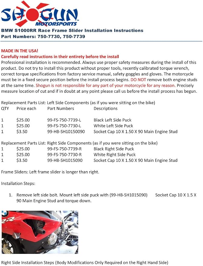 Shogun USA Made 2010 2011 S1000RR S1000 RR Black No Cut Frame Sliders 2012 2013 2014 S1000RR Black Cut (Body Modifications Required) Frame Sliders - 750-7739