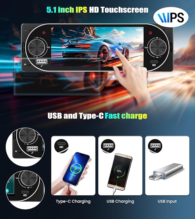 [Bluetooth 5.2 EQ] Single Din Car Radio Stereo with Wireless Carplay Android Auto, 5.1 inch IPS Touchscreen 1 Din Car Radio with Mirror Link USB & Type-C AUX FM Radio SWC Backup Cam SWC Voice Control
