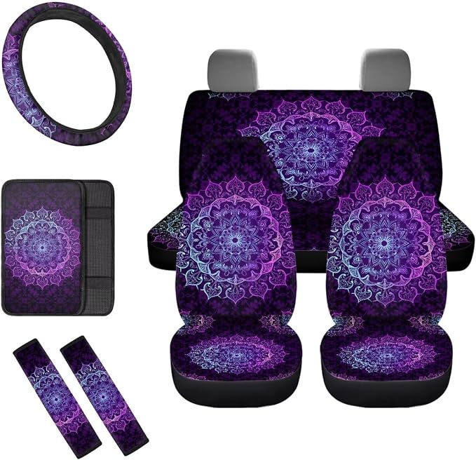 8 Pcs Purple Mandala Floral Car Seat Covers Full Set Car Accessories for Women Front Seat Cover Steering Wheel Armrest Cover Seat Belt Cover for Auto SUV Interior Decoration