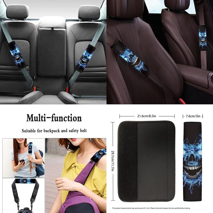 Skull Car Seat Covers Full Set with Steering Wheel Cover+Coasters+Seatbelt Pad Cover+Gear Lever Cover+Hand Brake Cover Universal Fit Most Vehicles Auto Accessories, 11Pcs