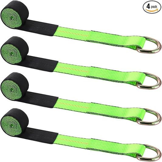 4 Pack Lasso Tow Truck Straps with D Ring 11, 000 Lbs Break Strength D Ring Auto Tie Down Wheel Lift Trailer Strap for Hauling Utv SUV Wrecker Rollback (2" X 8ft)
