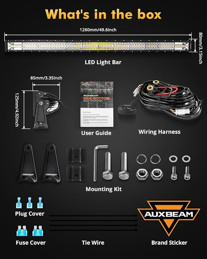 Auxbeam 6 Modes Amber White Series 50 Inch Curved LED Light Bar | 2-color option, 288W high power, Multi-funtion, Spot flood combo, Driving fog light, offroad strobe light, for Jeep trucks
