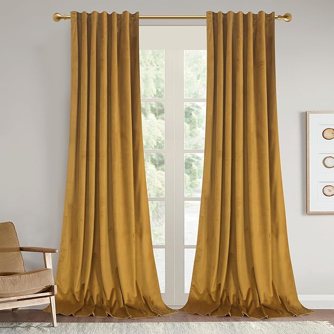 Roslynwood Luxury Soft Mustard Velvet Curtains 96 inches Long Back Tab Thermal Insulated Blackout Window Drapes for Living Room/Bedroom/Dining Room, W52 x L96, 2 Panels