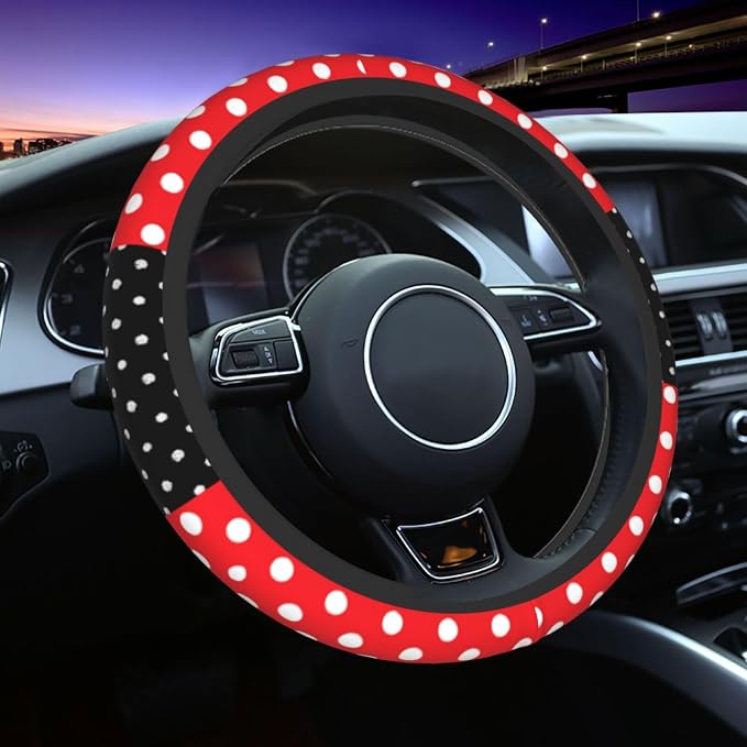 Cute Black Polka Dot Red Bow Car Seat Headrest Cover and Steering Wheel Cover Car Coaster Set