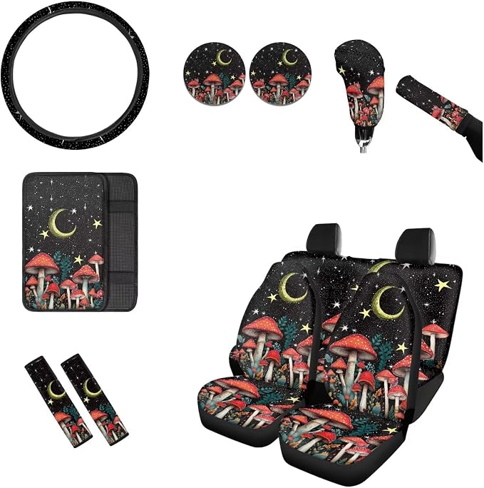 BIGCARJOB Moon Mushroom Car Seat Covers Set for Women Auto Interior Accessories Full Set 12 Pcs Cup Holder,Steering Wheel Covers,Armrest Pads