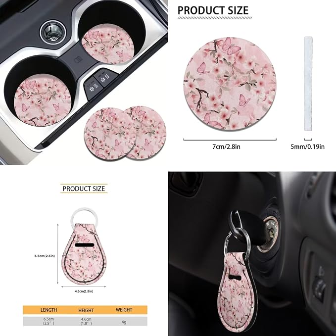 Pink Cherry Blossom Butterfly Car Seat Covers for Women Lady，12 Pcs Flower Car Steering Wheel Cover Shoulder Seatbelt Pad Armrest Cushion Keychain Car Coaster Universal Fit Most Vehicle