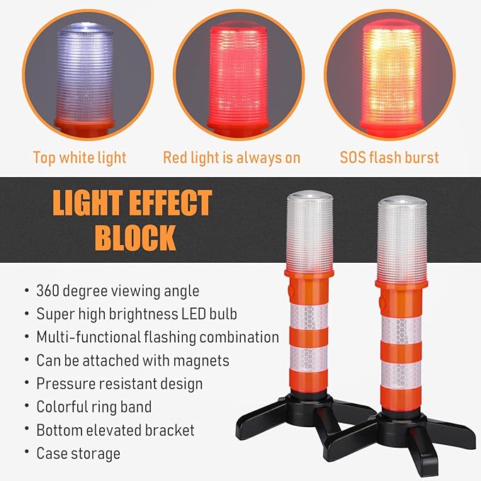 Leumoi 8 Pack Road Flares Emergency Kit LED Roadside Warning Lights Bright Red Highway Flares Lights for Vehicles Road Safety Strobe with Magnetic Bases Detachable Stands Storage for Car Truck