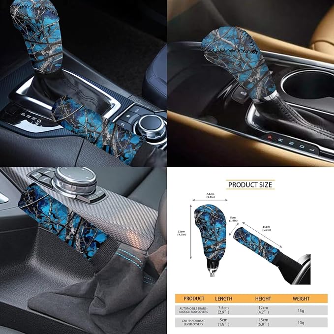 KEIAHUAN Blue Camo Hunting Car Seat Covers Full Set with Gear Shift Knob and Handbrake Cover Steering Wheel Cover Head Rest Covering Cup Coaster Fits Most Vans Trucks SUV Sedan
