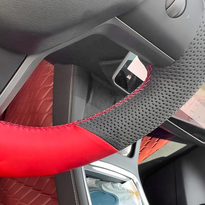 MEWANT Hand Stitch Black Red Faux Leather Steering Wheel Cover Wrap for Model Y 2020-2023 Tesla Model 3 2017-2023