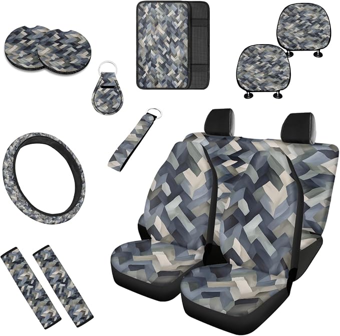 Multi-Color Geometry Print 13 Pack Car Accessories for Women Abstract Camouflage Pattern Seatbelt Pad Armrest Cushion Keychain Cup Holder Coaster Pads Decor Accessory