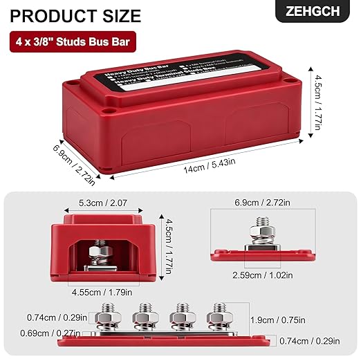 300A Bus Bar 12V Power Distribution Block with 3/8" Studs,Marine Battery Bus Bar Terminal Block Positive & Negative for Automotive Car Boat Solar System (300A 4 x 3/8" Studs)