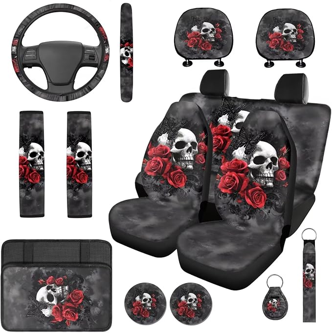 Bulopur Gothic Skull Red Rose Automotive Seat Covers Front and Rear with Car Steering Wheel Cover Armrest Cushion Pad Headrest Covers Seat Belt Pads Auto Interior Accessories Set 14 Pack
