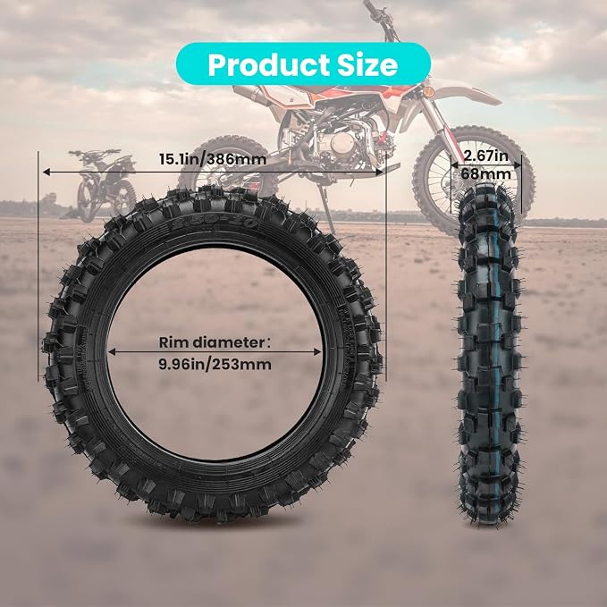 2.5-10" Off-Road Tire and Inner Tube Set, Dirt Bike Tire with 10-Inch Rim and 2.5/2.75-10 Dirt Bike Inner Tube Heavy Duty Compatiblewith Honda CRF50/XR50, Suzuki DRZ70/JR50, PW50(2 Set) ﻿