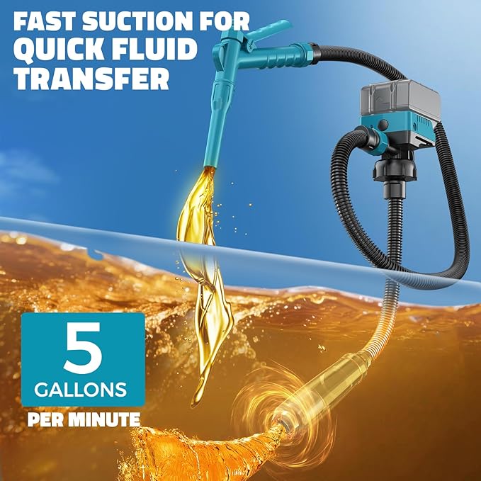 DIYtoolifz 5 GPM Cordless Fuel Transfer Pump Compatible with Makita 18V Batteries, Portable Gas Can Pump with 51" Hose, 5 Adapters, Gas Pump for Diesel, Gasoline (Bare Tool)