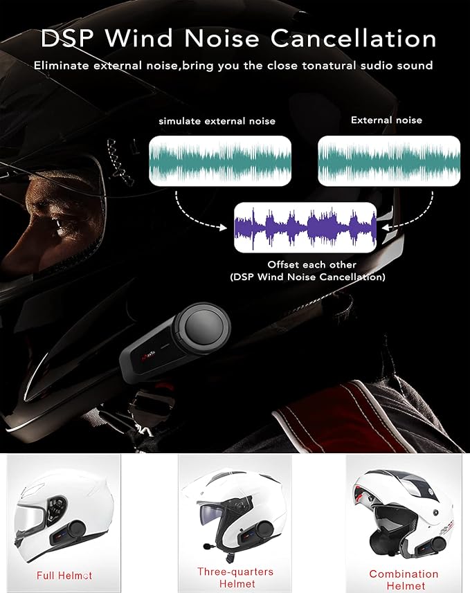 MAXTO Motorcycle Bluetooth Headset, M2 Group Motorbike Helmet Communication Systems 6-Way BT5.0 Waterproof Intercom 1000M Range with FM Radio,Siri,Voice dial for Ski/ATV/Full/Half Face(2 in 1 Mic)
