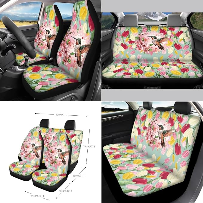 Hummingbird Tulip Floral Print Car Seat Cover Set of 15 Steering Wheel Cover Seatbelt Strap Pad Air Vent Storage Holder Trash Cans Rear View Mirror Cover Coasters Key Chain