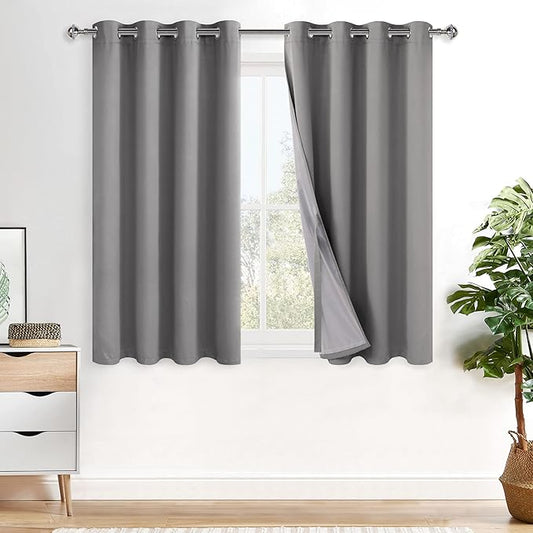 XWZO Complete Blackout Shades Window Curtain Panels with Tiebacks- Noise Reduction and Light Blocking Grommet Curtains with Black Liner for Studio, Basement Room, Grey, W52 x L45, Set of 2