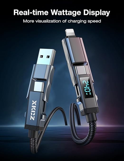 4 in 1 USB C Cable with Wattage Display, 240W Round Nylon Braided Multi Charging Cable with Data Sync, USB C Charging Cord Combo Type C/USB A/iPhone Port for iPhone/iPad/Samsung/Laptop, 5FT